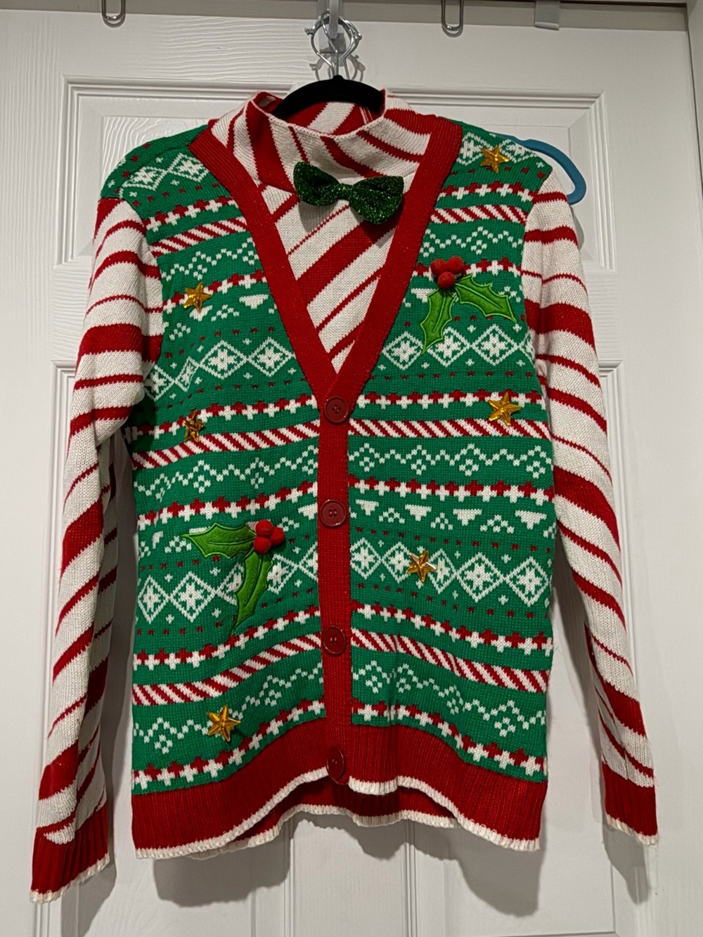 Holiday Green & Red Ugly Christmas Cardigan Sweater with Bow Tie